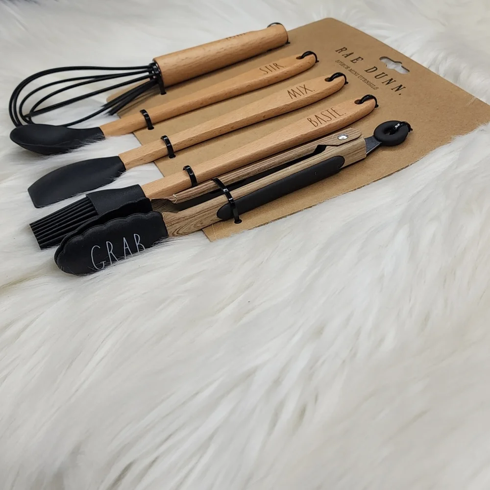 Rae Dunn 5 Piece Mini Kitchen Utensils Set Wood Black Silicone